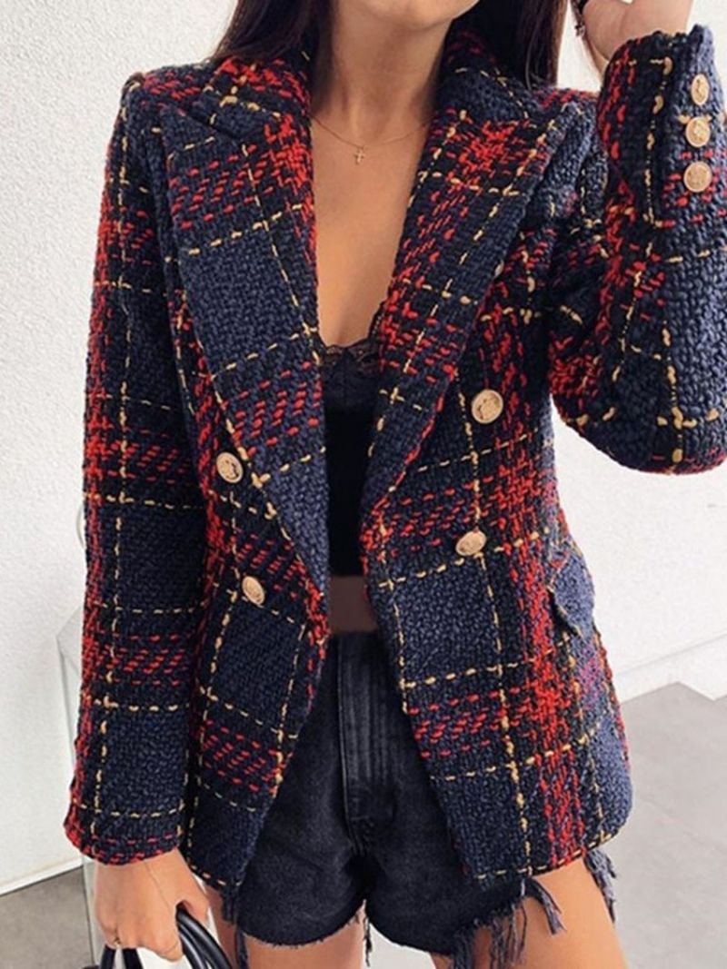 Langærmet Dobbeltradet Plaid Almindelig Mellemlængde Casual Blazer