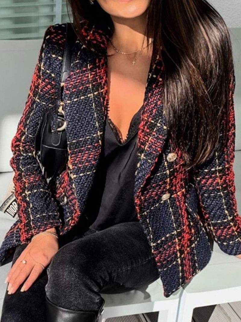 Langærmet Dobbeltradet Plaid Almindelig Mellemlængde Casual Blazer