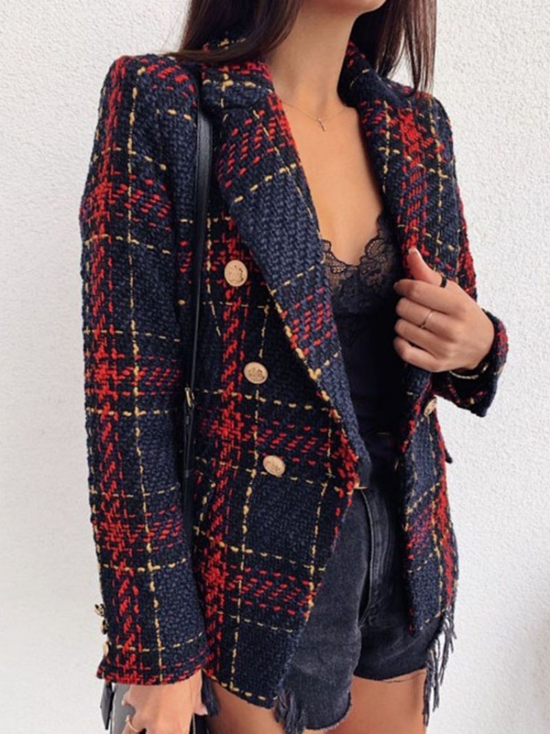 Langærmet Dobbeltradet Plaid Almindelig Mellemlængde Casual Blazer