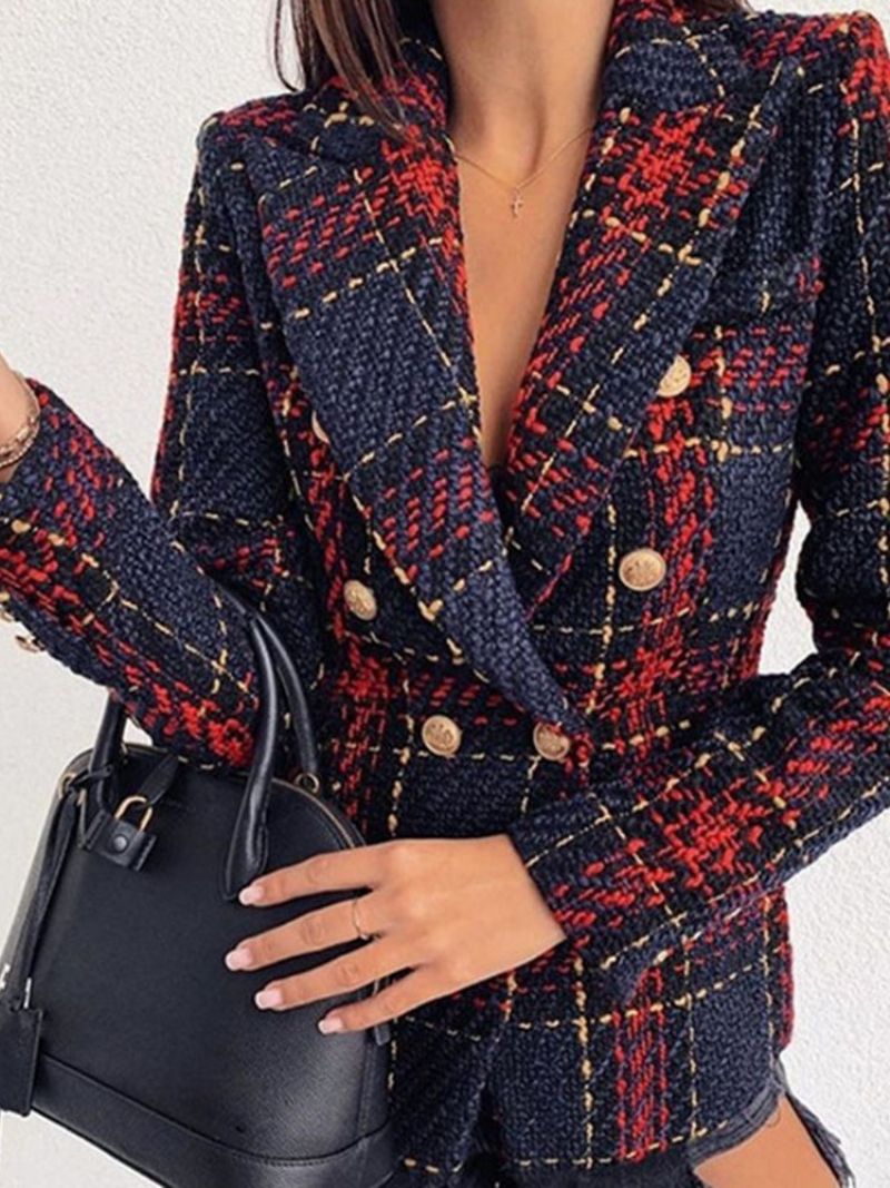 Langærmet Dobbeltradet Plaid Almindelig Mellemlængde Casual Blazer