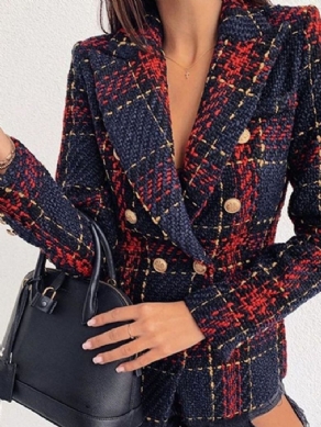 Langærmet Dobbeltradet Plaid Almindelig Mellemlængde Casual Blazer