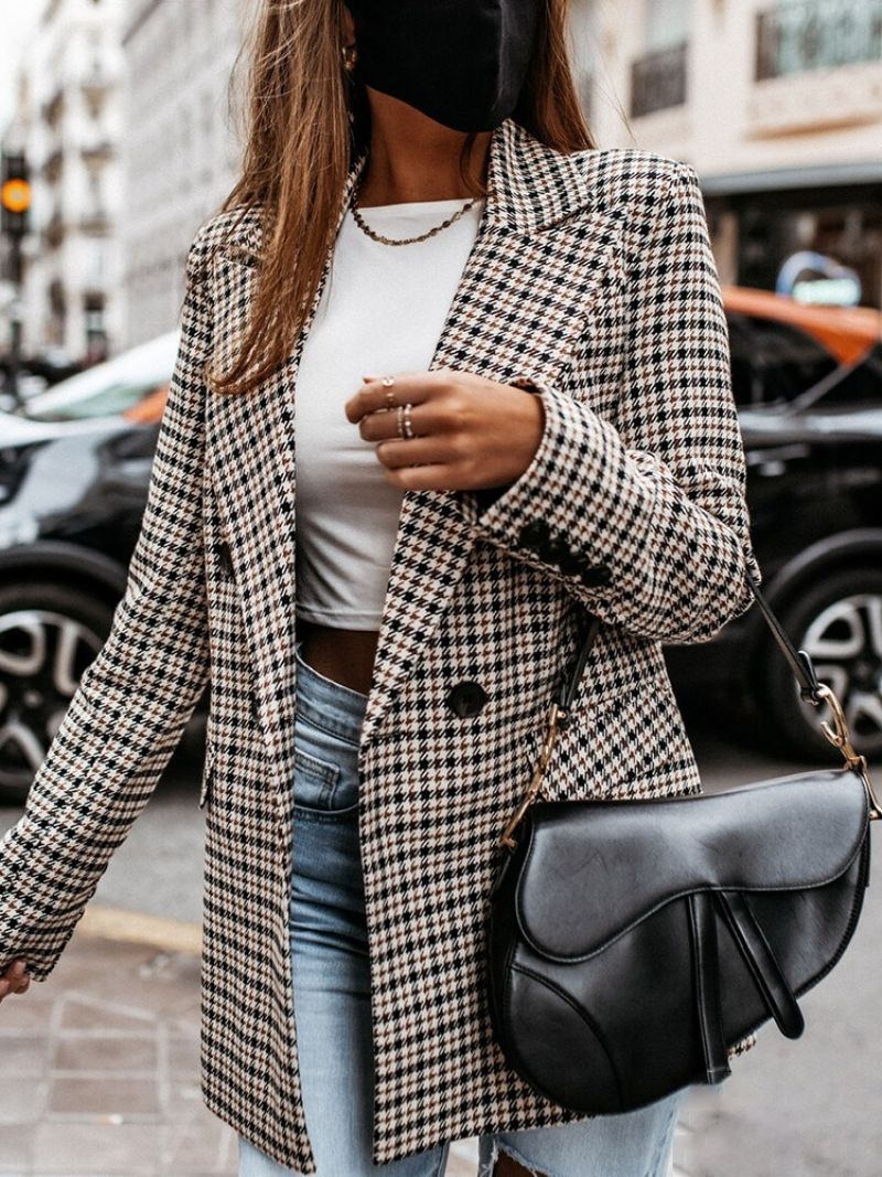 Lapel Plaid Dobbeltradet Mellemlængde Afslappet Blazer For Kvinder