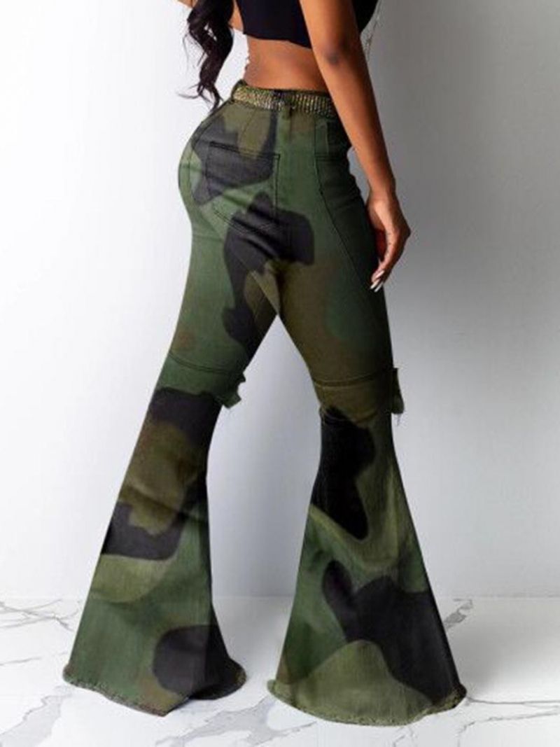 Camouflage Slim Hole Mid Waist Fuld Længde Damebukser