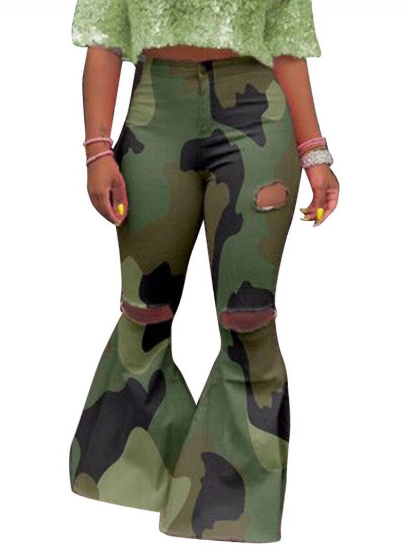 Camouflage Slim Hole Mid Waist Fuld Længde Damebukser