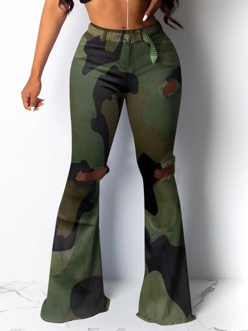 Camouflage Slim Hole Mid Waist Fuld Længde Damebukser