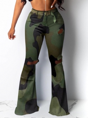 Camouflage Slim Hole Mid Waist Fuld Længde Damebukser