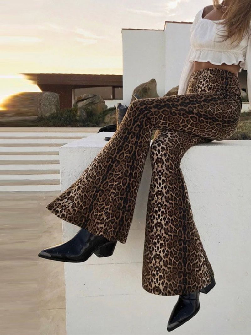 Casual Slim Leopard Fuld Længde Bellbottoms Bukser