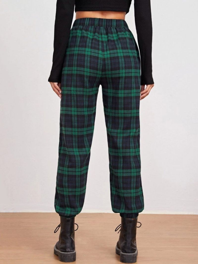 Loose Print Plaid Pencil Bukser Ankellængde Dame Plaid Bukser