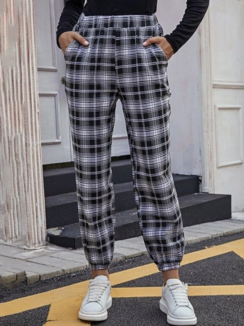 Loose Print Plaid Pencil Bukser Ankellængde Dame Plaid Bukser