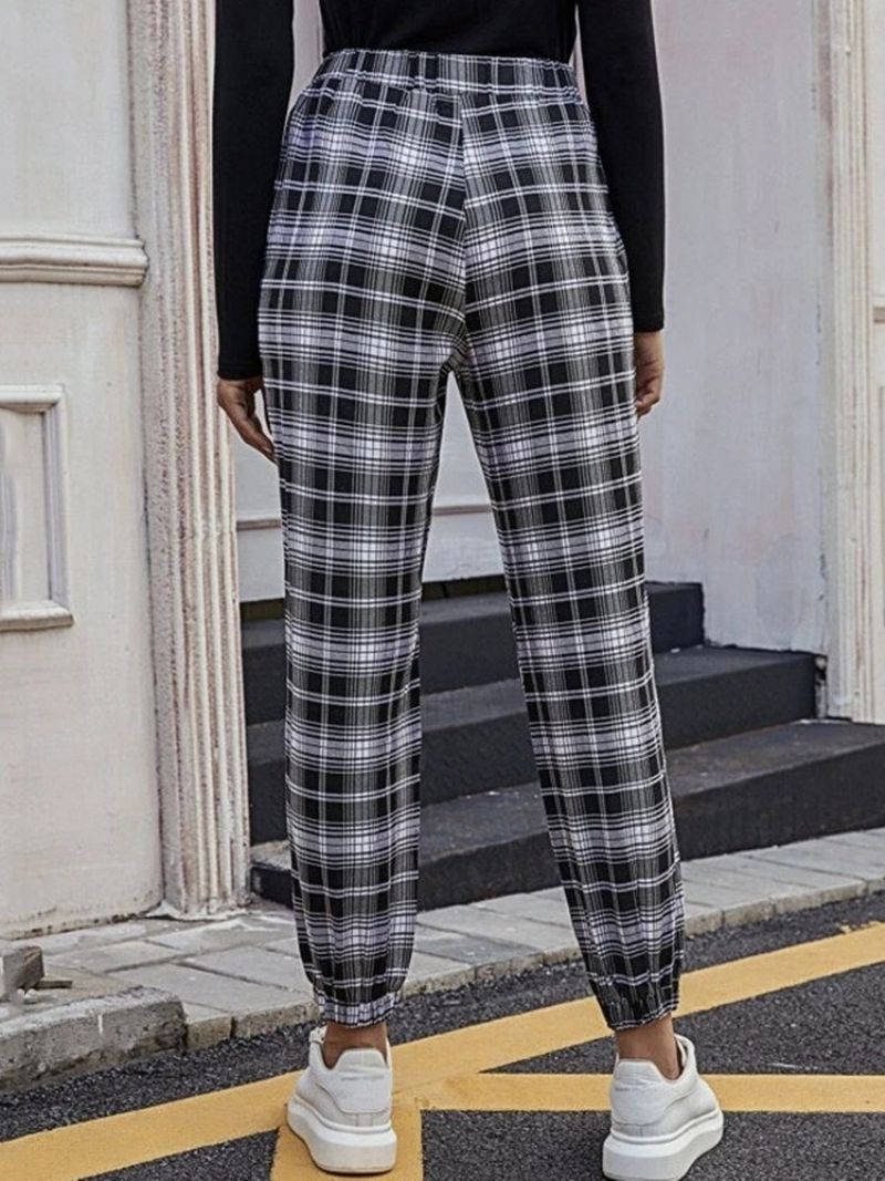 Loose Print Plaid Pencil Bukser Ankellængde Dame Plaid Bukser