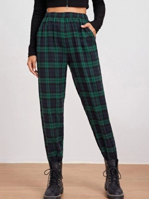 Loose Print Plaid Pencil Bukser Ankellængde Dame Plaid Bukser