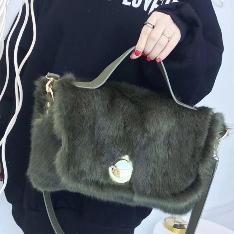 Faux Fur Lock Ensfarvet Rektanglet Mulepose