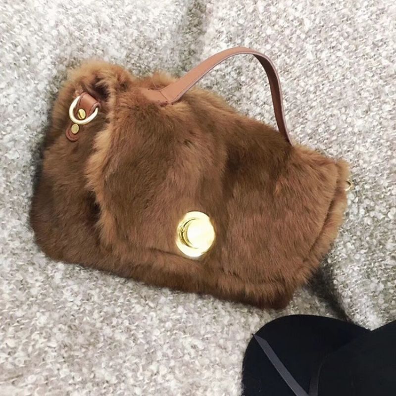 Faux Fur Lock Ensfarvet Rektanglet Mulepose