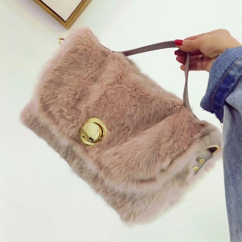 Faux Fur Lock Ensfarvet Rektanglet Mulepose