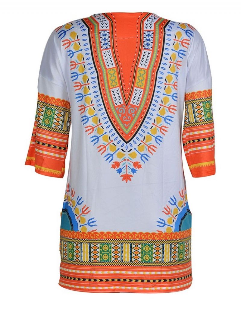 Afrikansk Mode Print Med Rund Hals Mellemlang Bluse