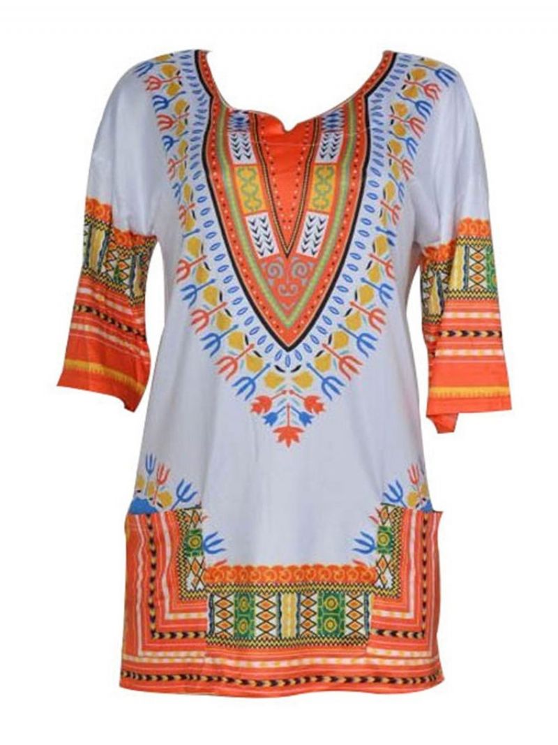 Afrikansk Mode Print Med Rund Hals Mellemlang Bluse