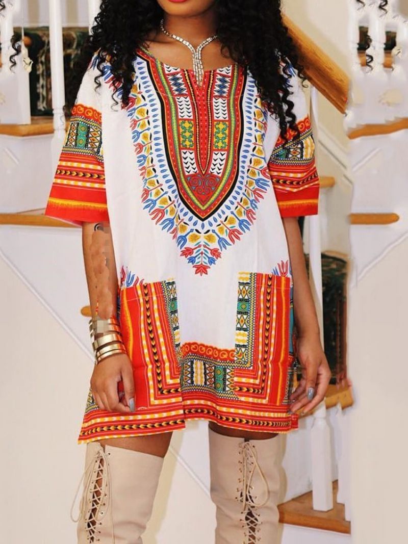 Afrikansk Mode Print Med Rund Hals Mellemlang Bluse