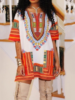 Afrikansk Mode Print Med Rund Hals Mellemlang Bluse