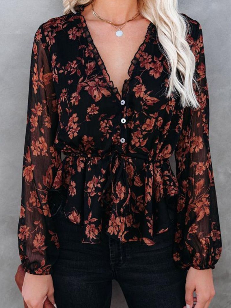 Almindelig Blomsterblouse Med Lange Ærmer Standard Damebluse