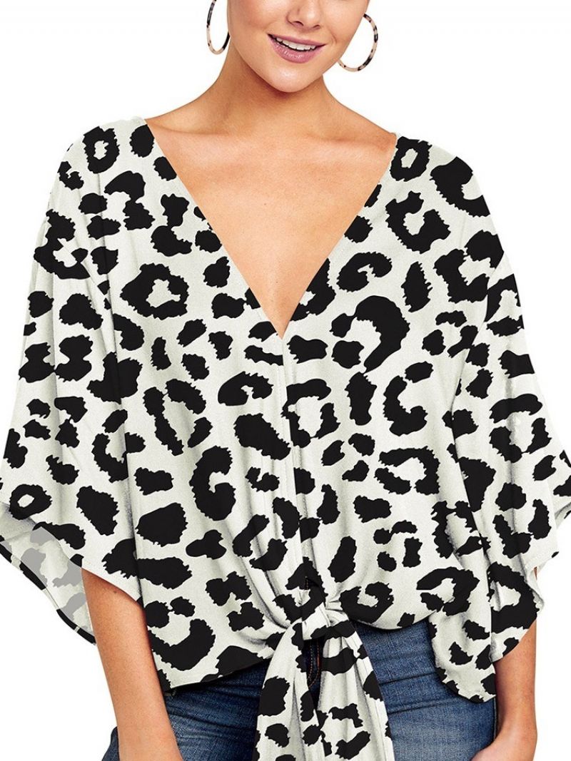 Flare Sleeve V-Hals Print Kvinders Halværmede Standard Bluse