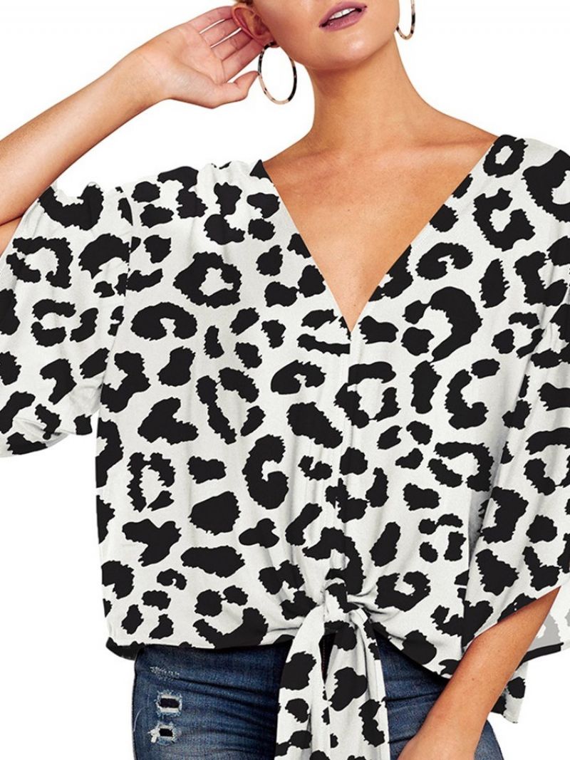 Flare Sleeve V-Hals Print Kvinders Halværmede Standard Bluse