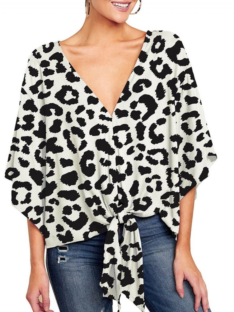 Flare Sleeve V-Hals Print Kvinders Halværmede Standard Bluse