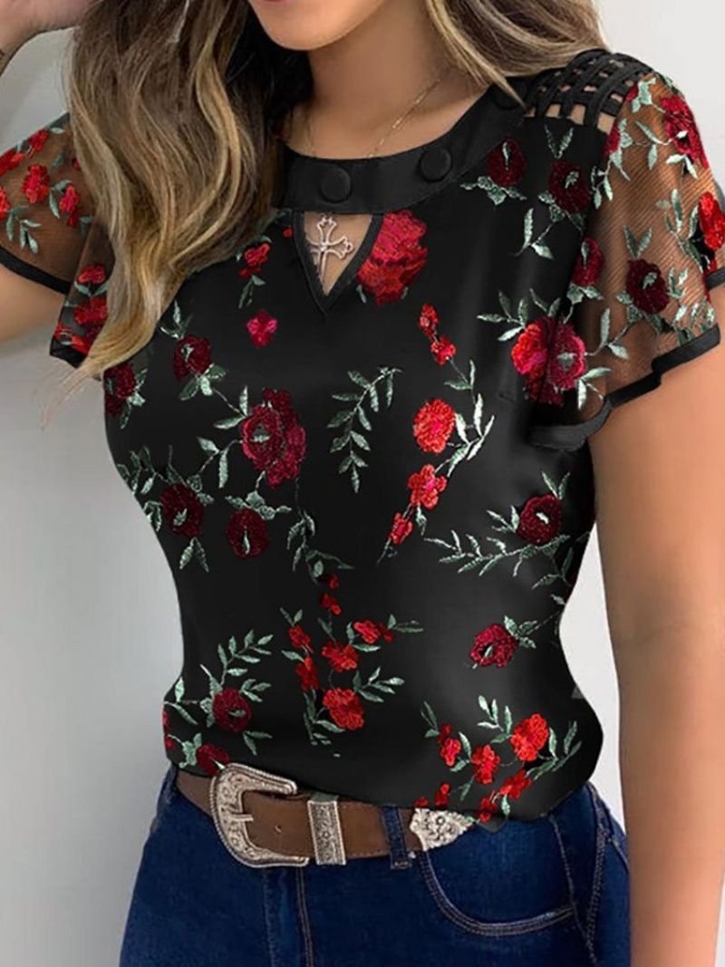 Floral Patchwork Regular Standard Kortærmet Damebluse