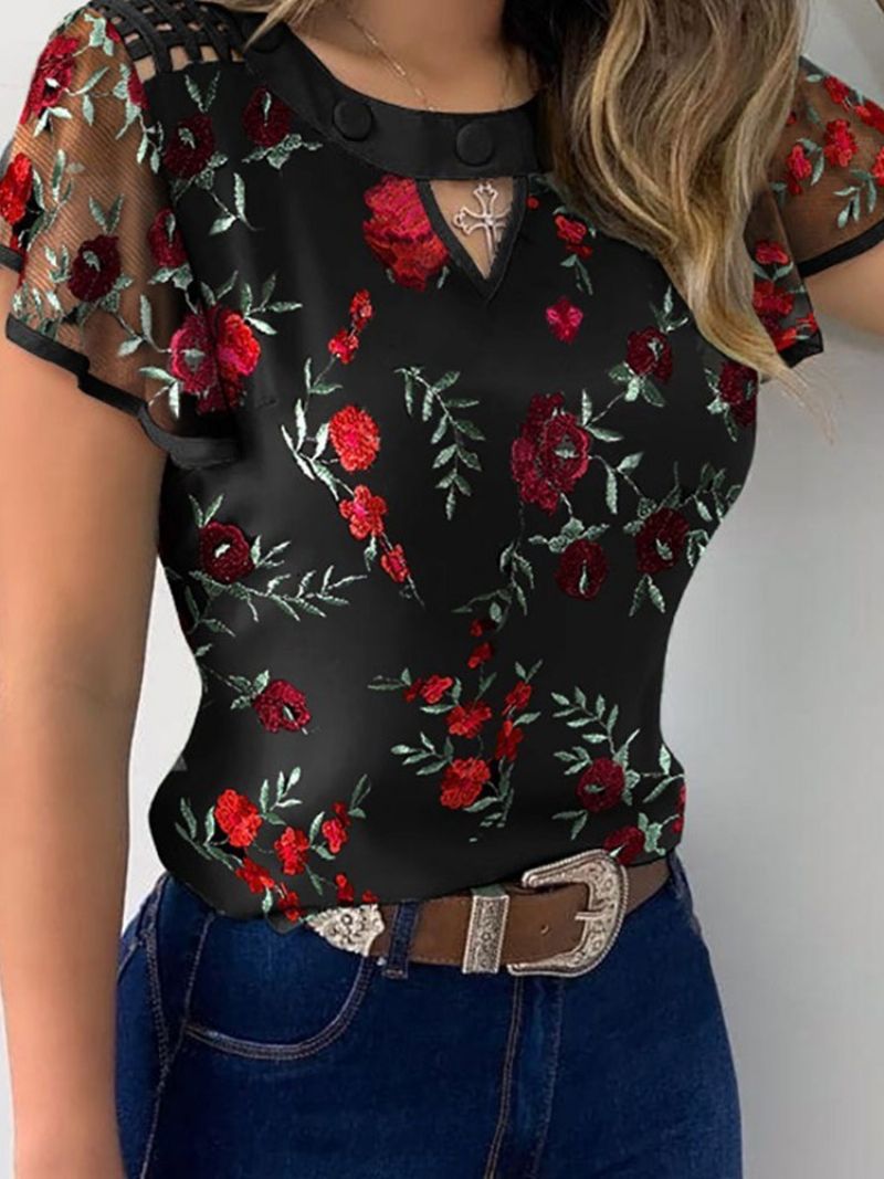 Floral Patchwork Regular Standard Kortærmet Damebluse