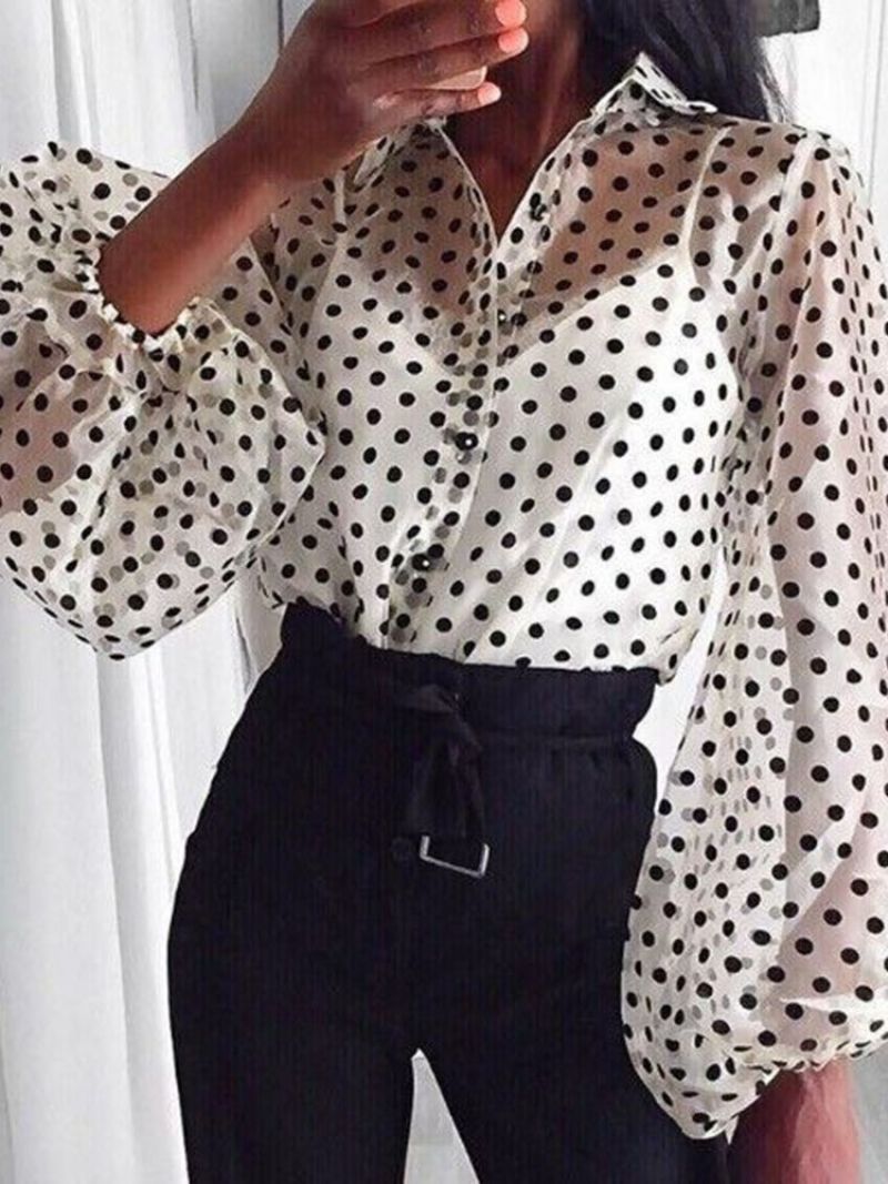 Lanterneærmet Revers Polka Dots Langærmet Standardbluse Til Kvinder