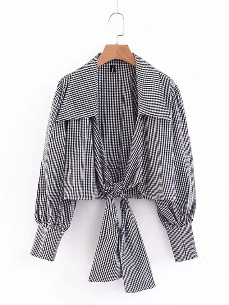 Lapel Plaid Lace-Up Langærmet Kvinders Kort Bluse