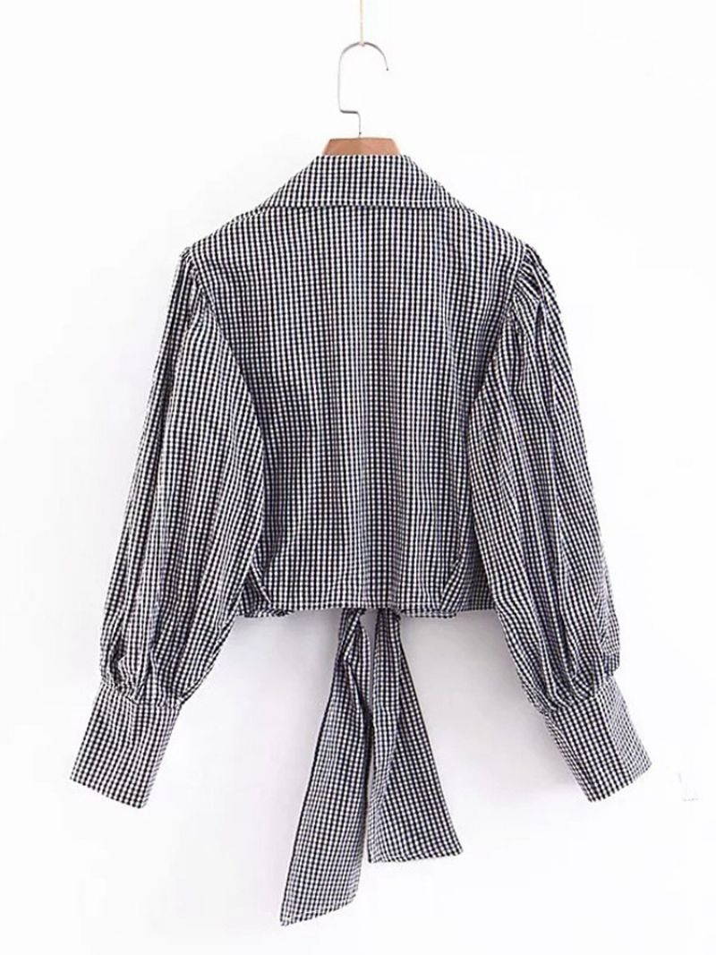 Lapel Plaid Lace-Up Langærmet Kvinders Kort Bluse