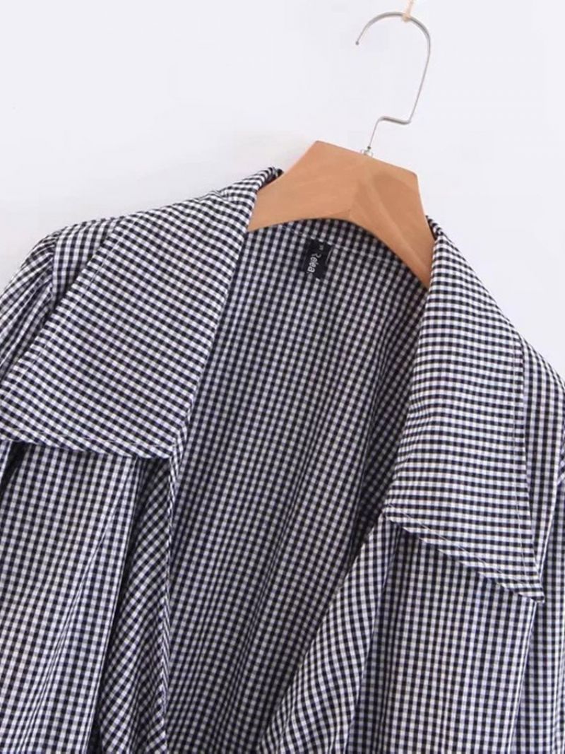 Lapel Plaid Lace-Up Langærmet Kvinders Kort Bluse