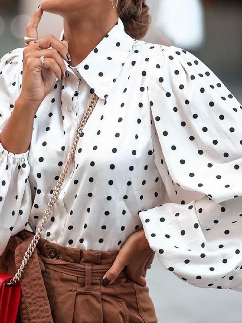 Lapel Polka Dots Knap Mellemlang Langærmet Bluse