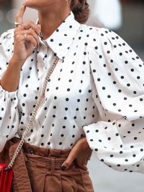 Lapel Polka Dots Knap Mellemlang Langærmet Bluse