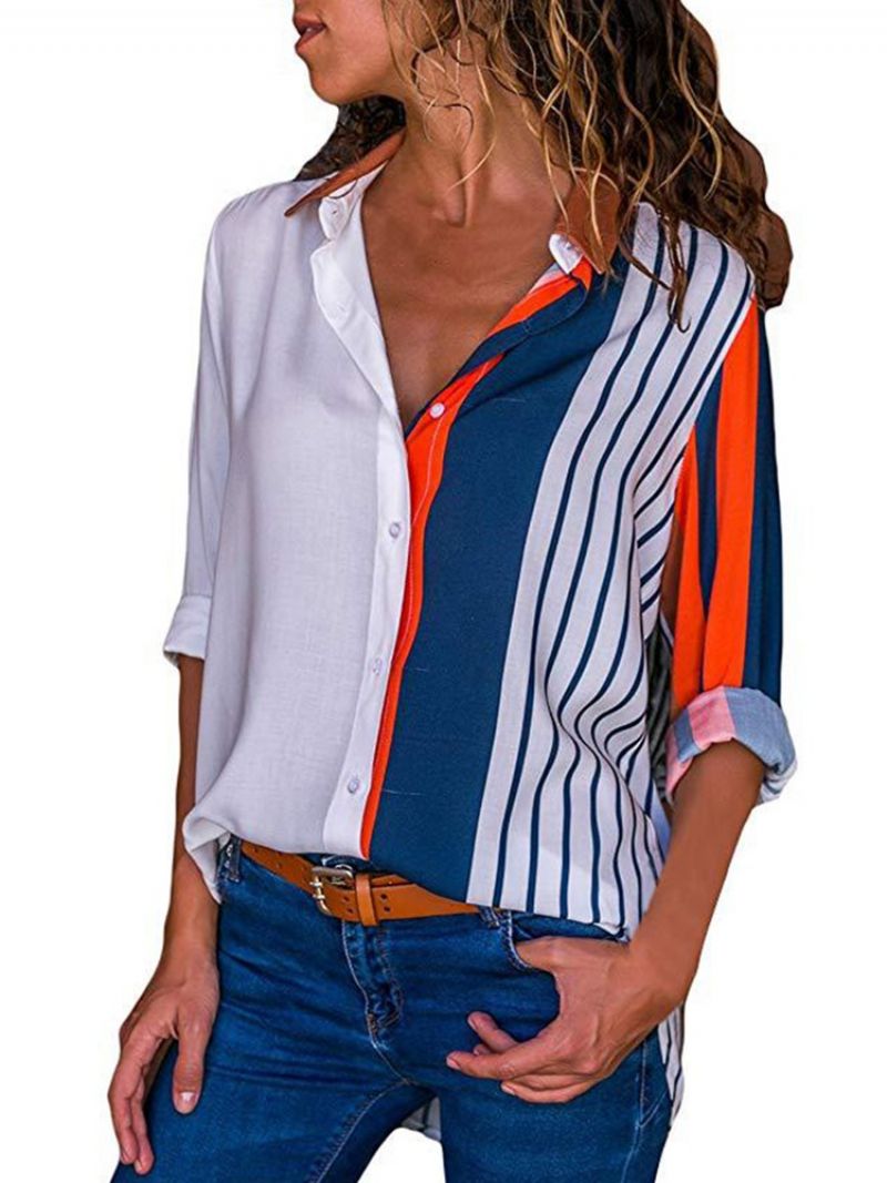 Loose Stripe Color Block Enkeltradet Langærmet Bluse