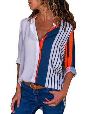 Loose Stripe Color Block Enkeltradet Langærmet Bluse