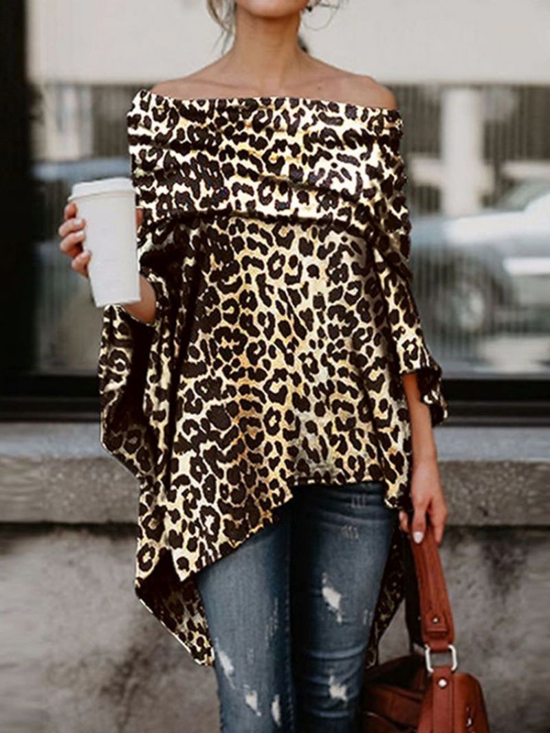 Off Shoulder Asymmetrisk Leopard Slim Bluse