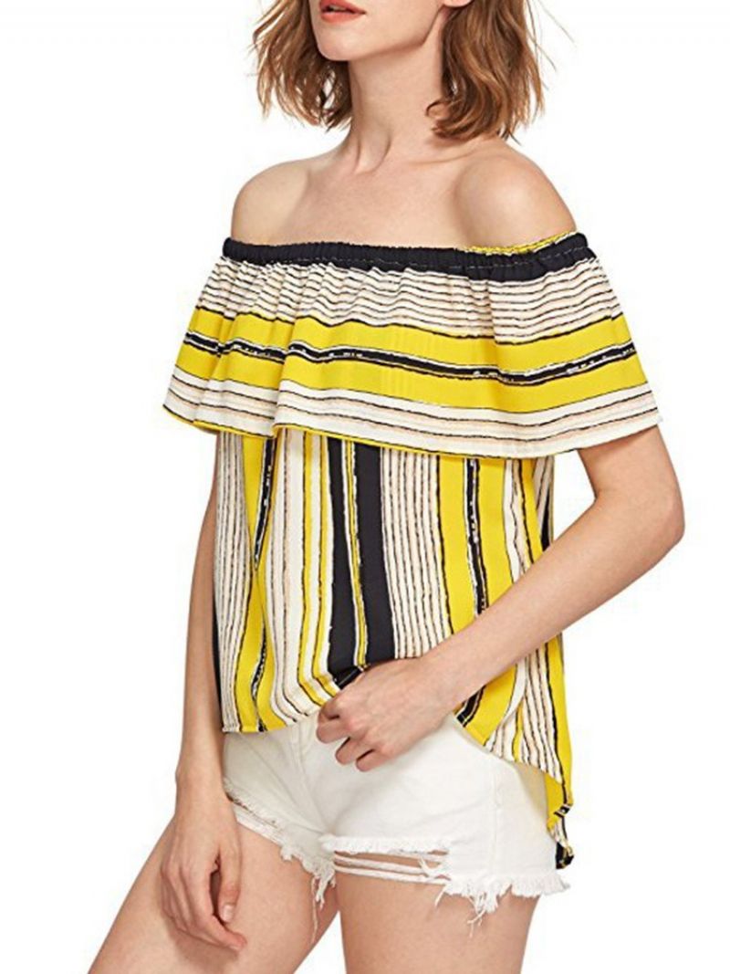 Off Shoulder Color Block Flæseærmet Kortærmet Dame Standard Bluse