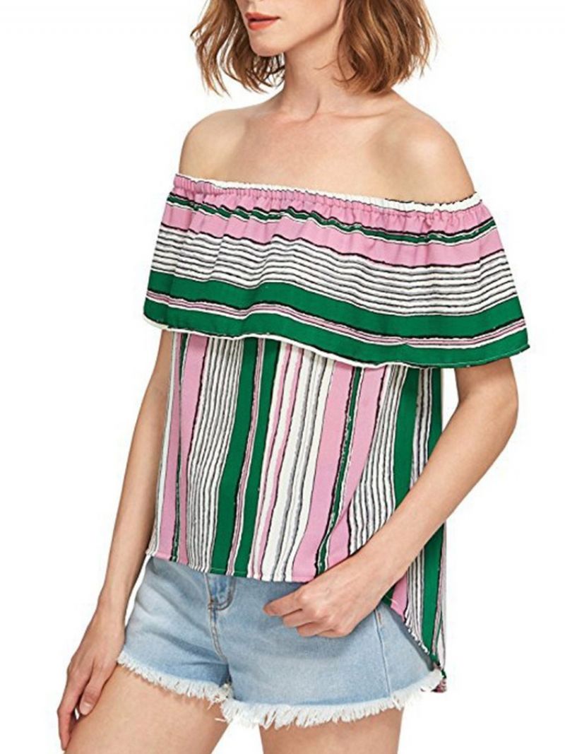 Off Shoulder Color Block Flæseærmet Kortærmet Dame Standard Bluse