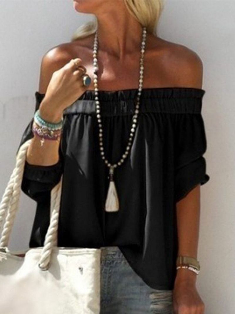 Off Shoulder Ensfarvet Plisseret Bluse