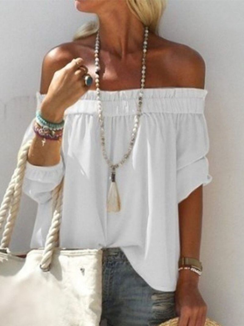 Off Shoulder Ensfarvet Plisseret Bluse