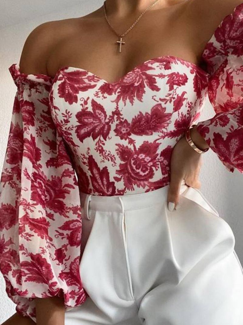 Off Shoulder Lantern Sleeve Floral Langærmet Kvinders Kort Bluse