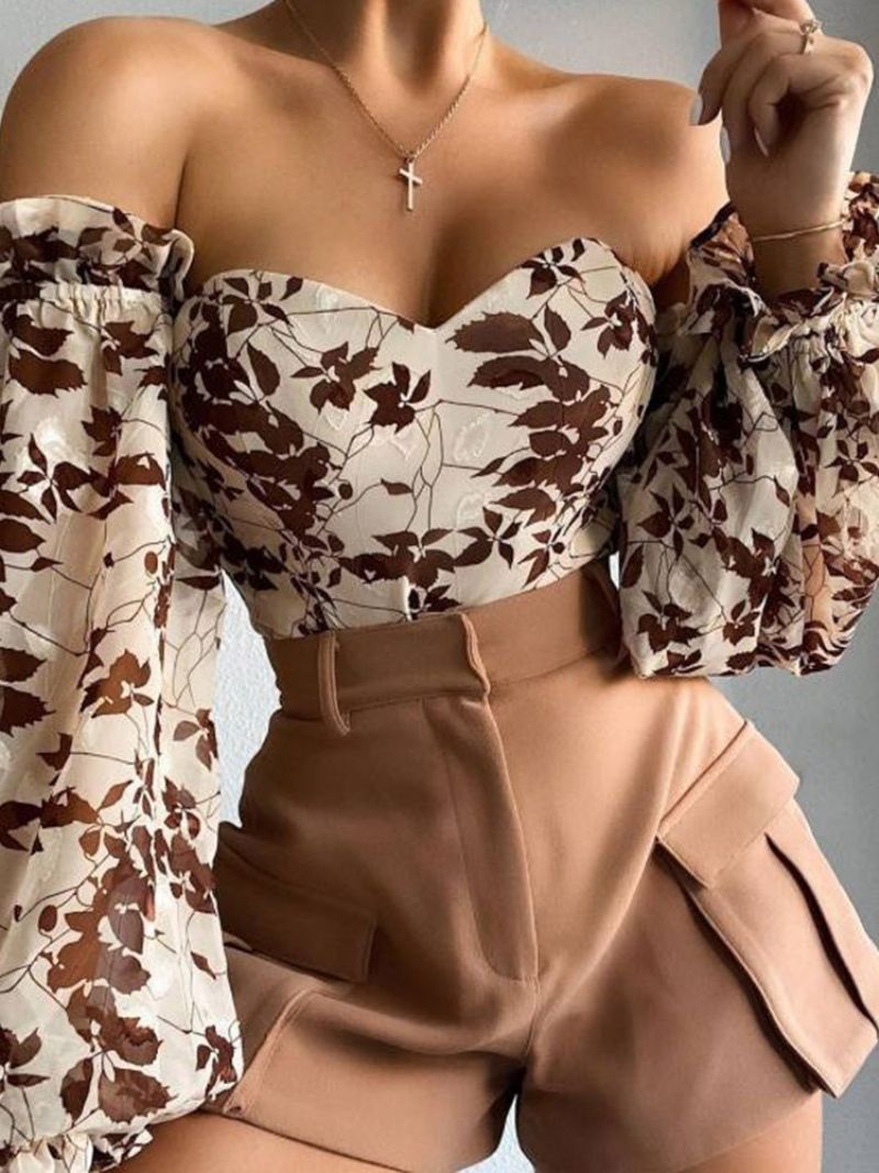 Off Shoulder Lantern Sleeve Floral Langærmet Kvinders Kort Bluse