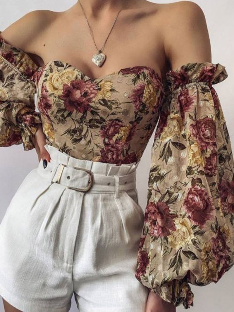 Off Shoulder Lantern Sleeve Floral Langærmet Kvinders Kort Bluse