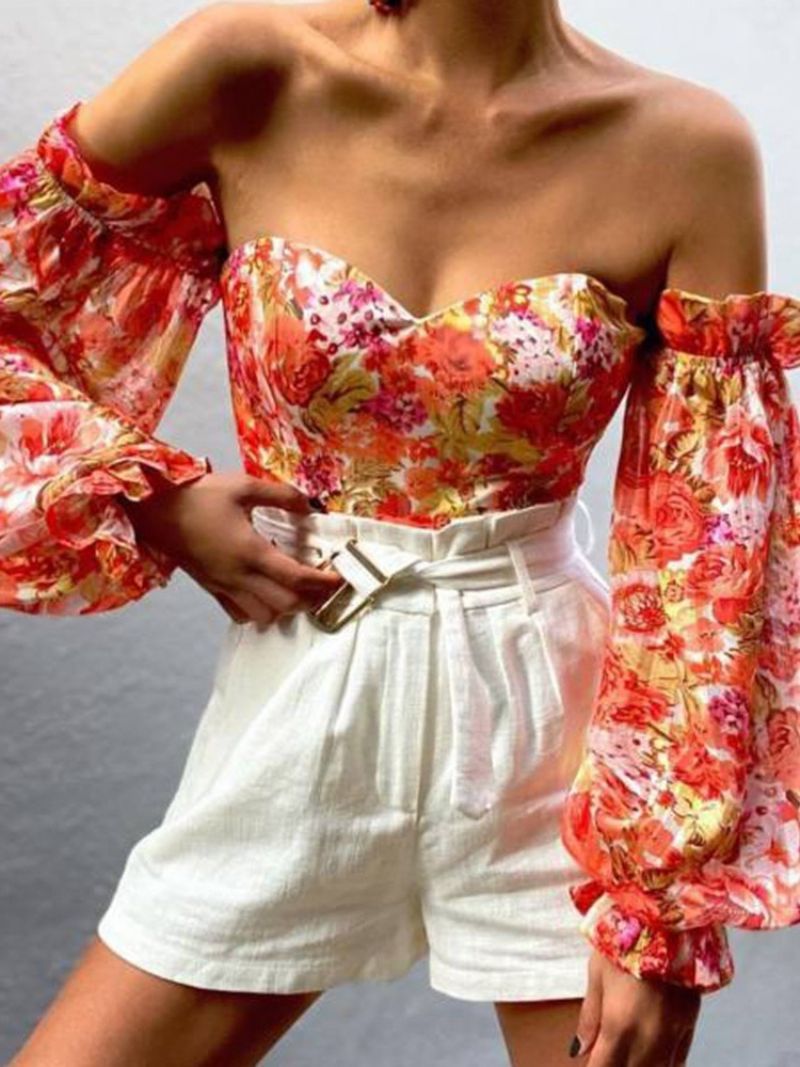 Off Shoulder Lantern Sleeve Floral Langærmet Kvinders Kort Bluse