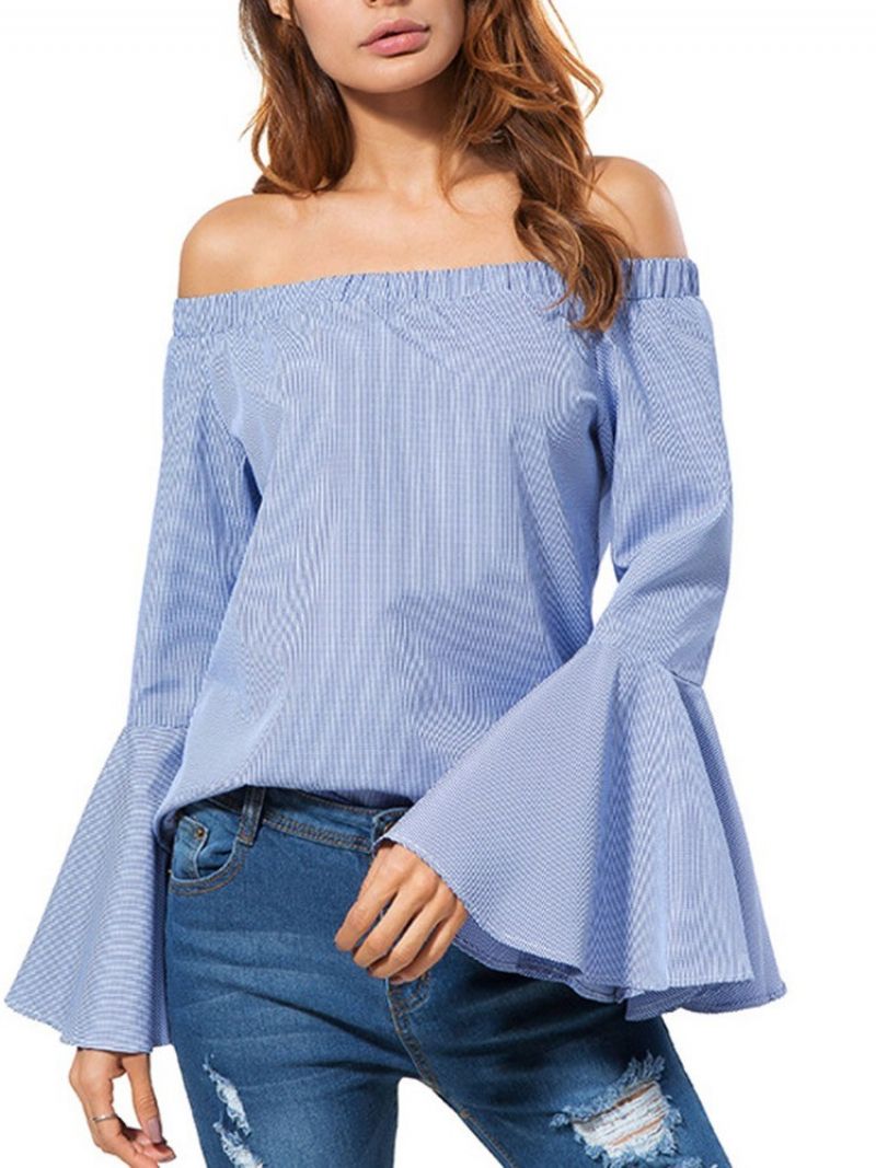 Patchwork Stripe Flare Sleeve Standard Langærmet Bluse