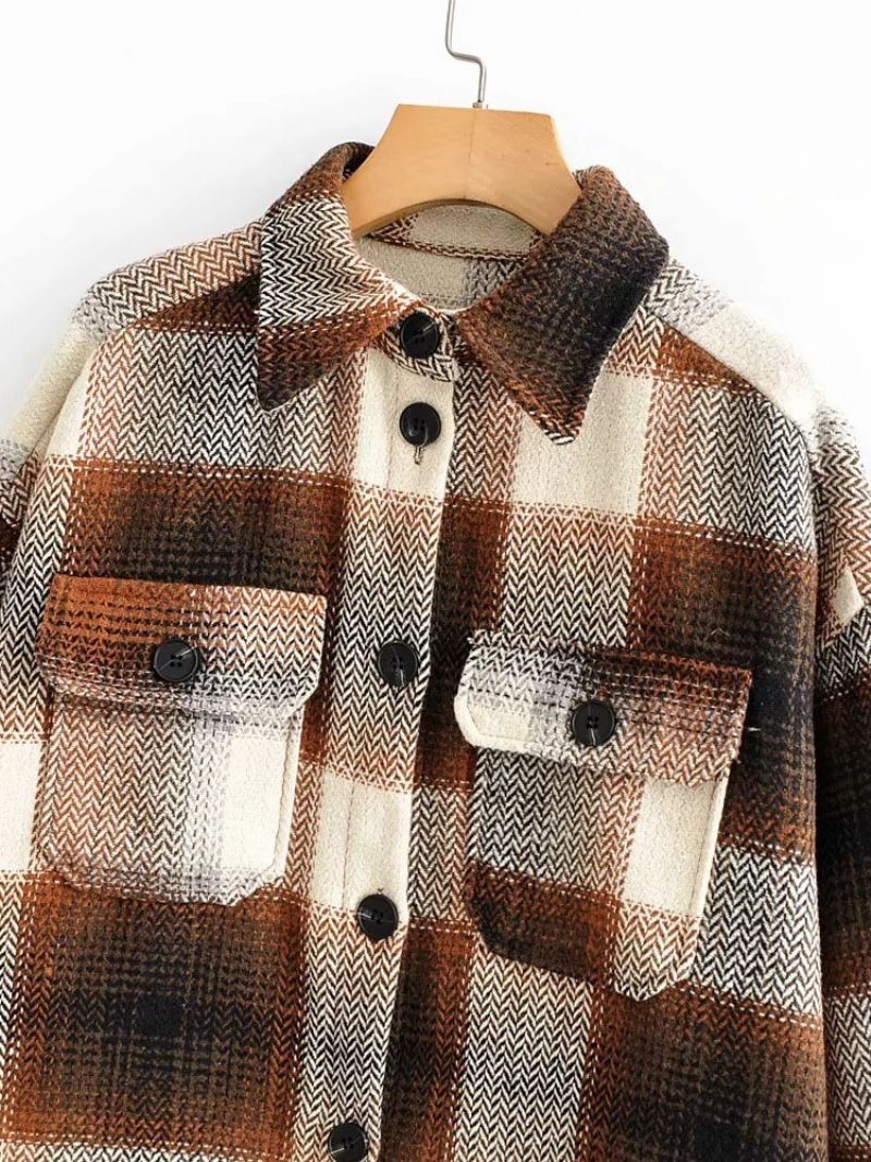 Pocket Lapel Plaid Langærmet Mellemlang Bluse