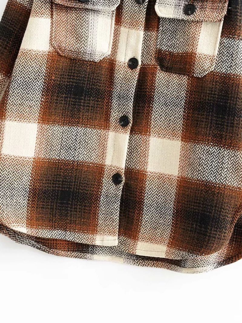 Pocket Lapel Plaid Langærmet Mellemlang Bluse