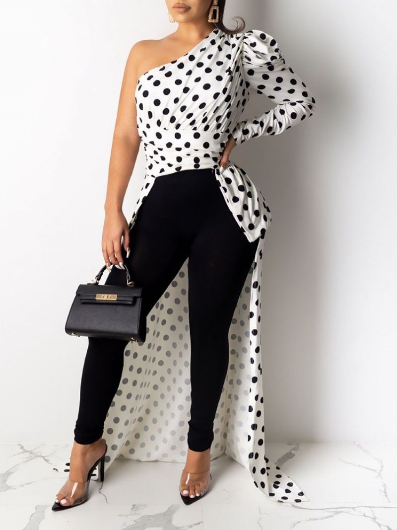 Polka Dots Print Asymmetri Lang Bluse Til Kvinder