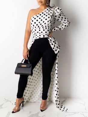 Polka Dots Print Asymmetri Lang Bluse Til Kvinder